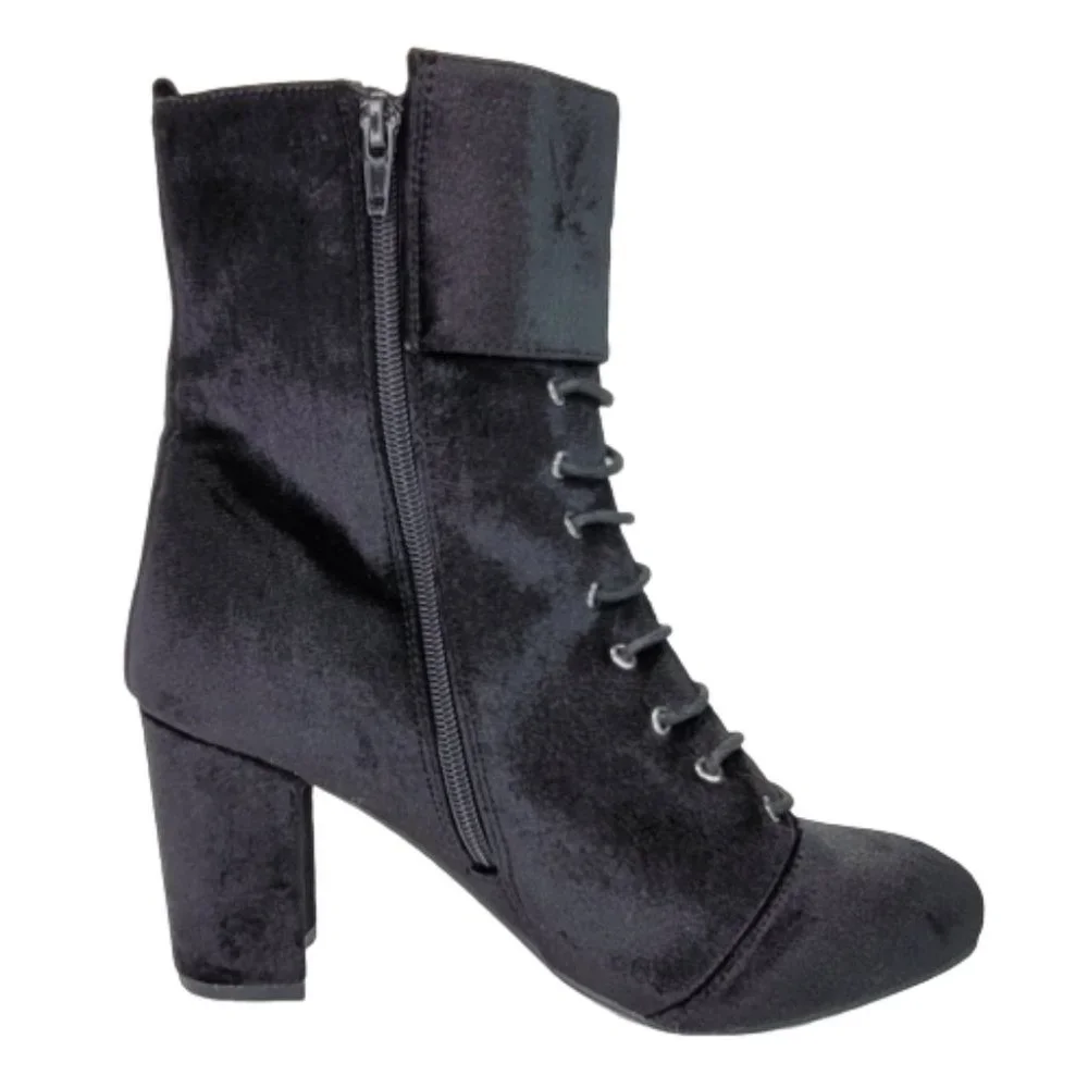 Diba Sz 8.5 Velveteen Cuffed Goth Buckle Lace Up Zip High Heel Ankle Boot Shoes